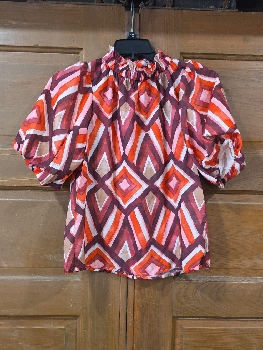 Geometric Puff-Sleeve Blouse in Red and Pink